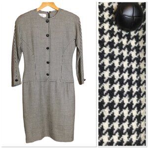 Vintage Womens Carlisle Wool Dress Size 6 Black White Houndstooth Classic
